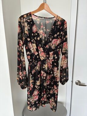 Black Floral Long-Sleeve Wrap-Style Dress